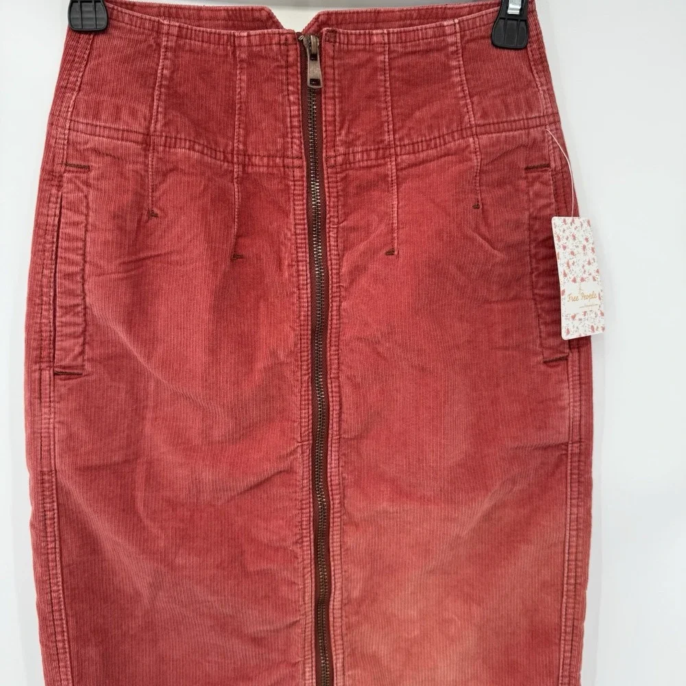 Free People Skirt Womens 24 Poppy Red We The Free Corduroy Zip Front Midi Pencil